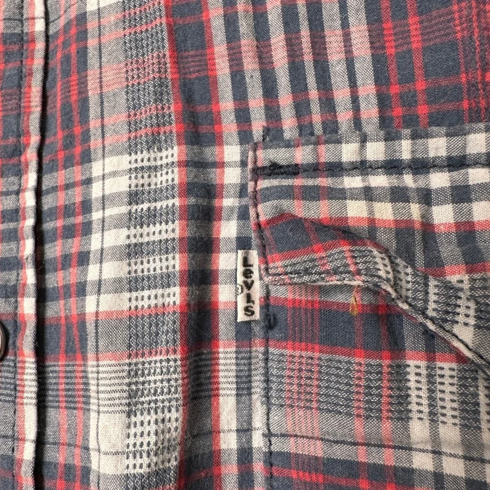 Levis Men XL Short Sleeve Western Plaid Pearl Snap Shirt Red Blue Cowboy Outdoor